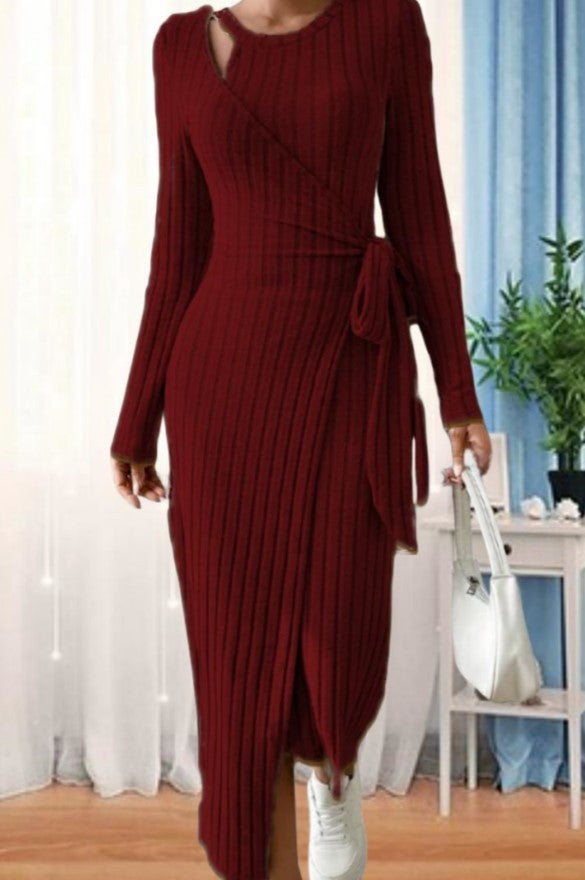 Women Long Sleeve Bodycon Dress with Bow Tie at Waist 5