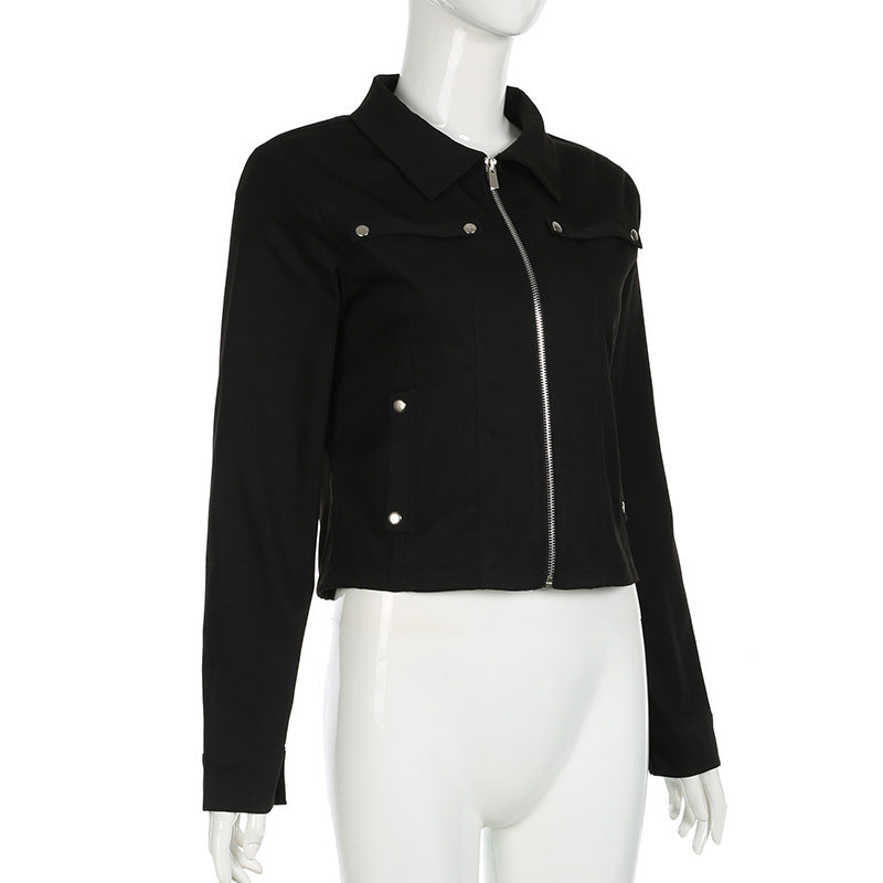 Women Riveted Turndown Collar Zipper Cargo Jacket 12