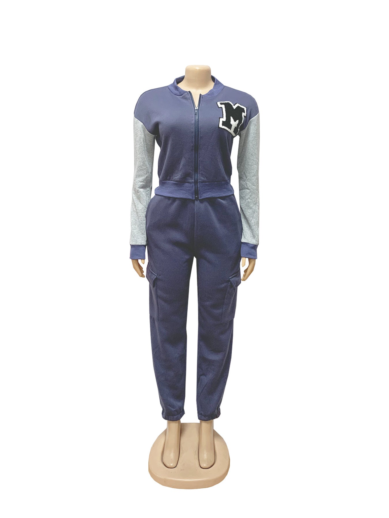 Women Casual Letter Printed Contrast Color Long Sleeve Zipper Top and Pants Two Piece Set 20