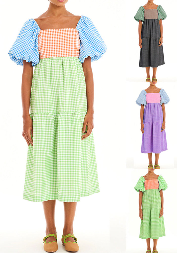 Women Color Block Backless Strappy Balloon Sleeve Dress