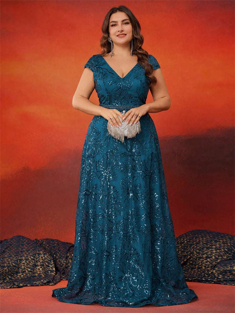 Women's Large V-Neck Sequin Floor-Length Elegant Bell Sleeve Formal Party Evening Gown