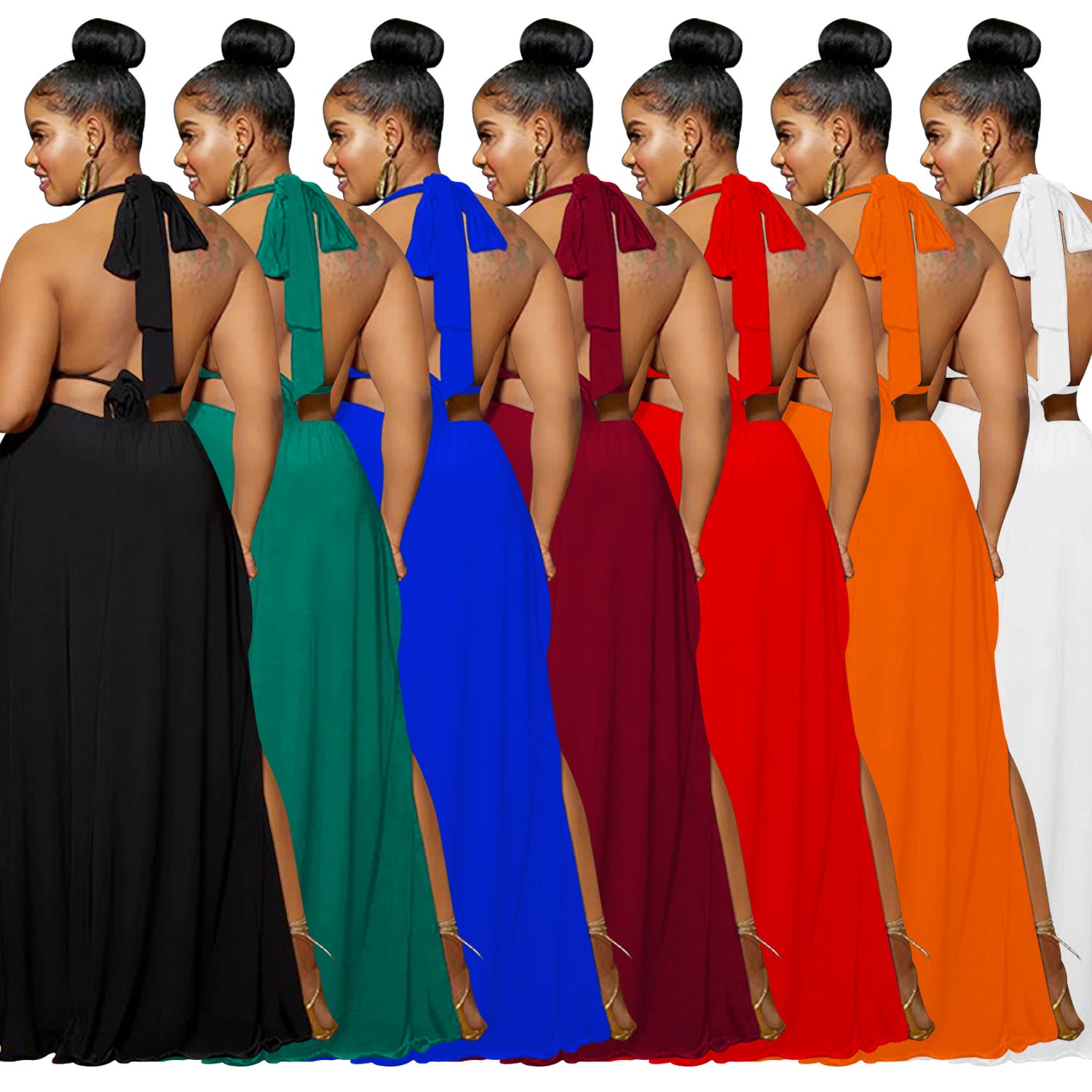 Fashion Women's Solid Low Back V-Neck Sleeveless Long Dress 19