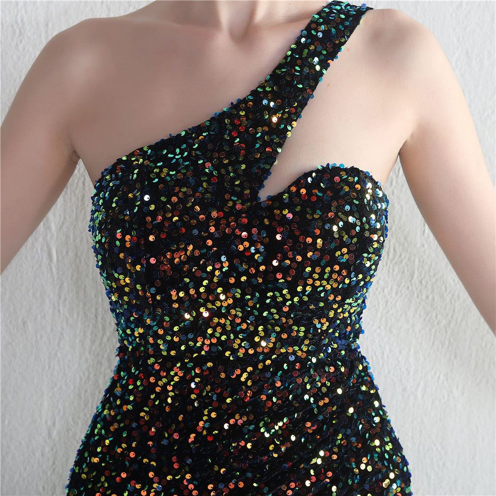 Velvet Sequin Magic Multi-Color One Shoulder Party Wedding Dinner Mermaid Long Evening Gown 19