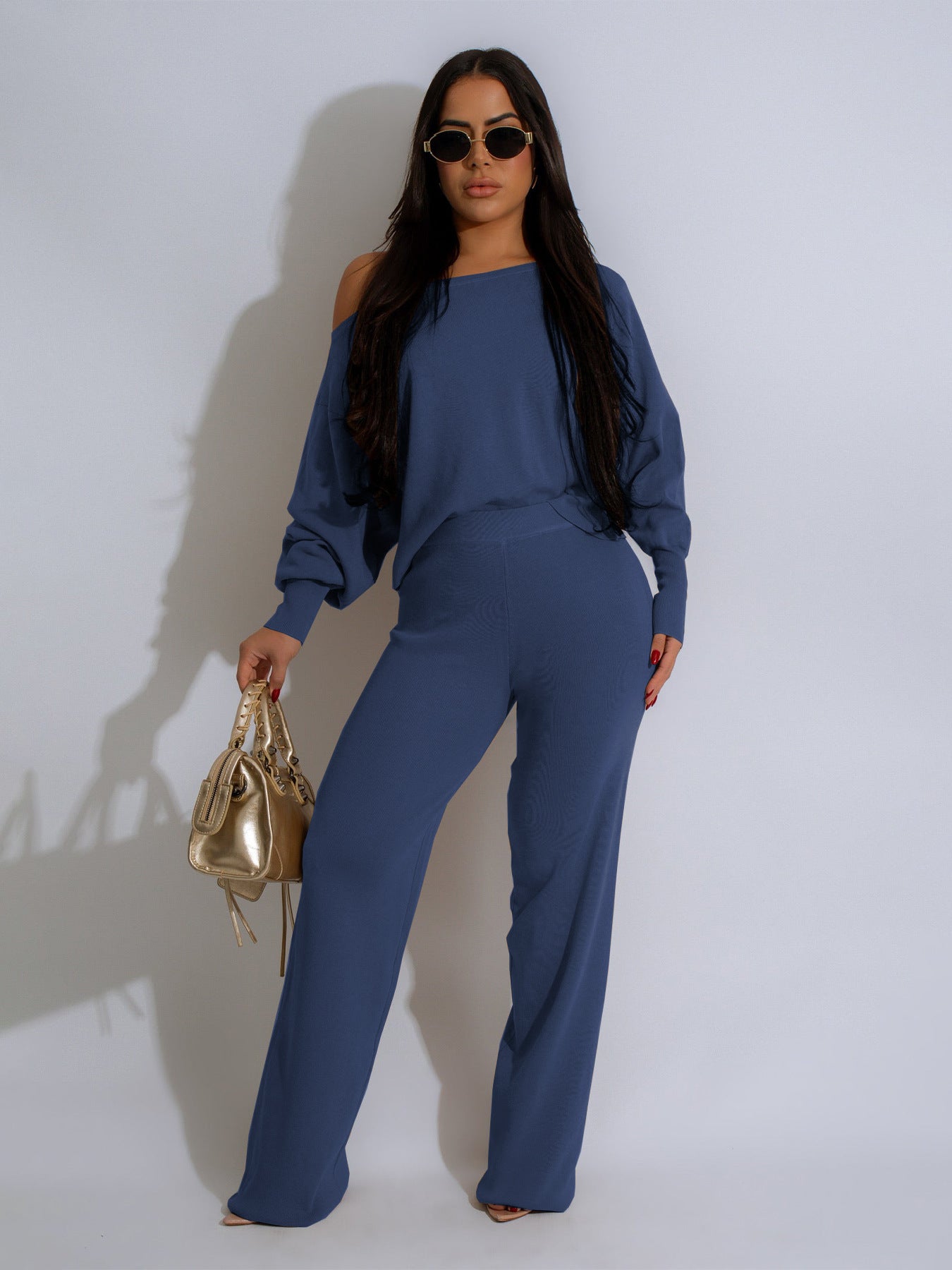 Women Autumn Solid Casual Loose strapless Top and Pant Set 4