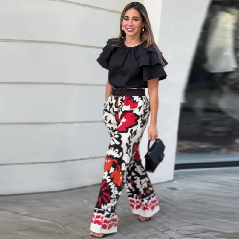 Summer ruffled Round Neck top fashion printed trousers Casual set 4
