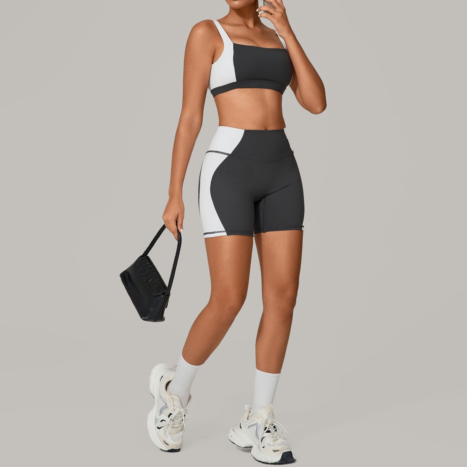 Women Backless Yoga Colorblock Quick Dry Fitness Wear Sports Two-piece Set 13