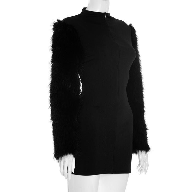 Women Autumn Zipper Neck Long-Sleeved Fur Paneled Sexy Bodycon Dress 5