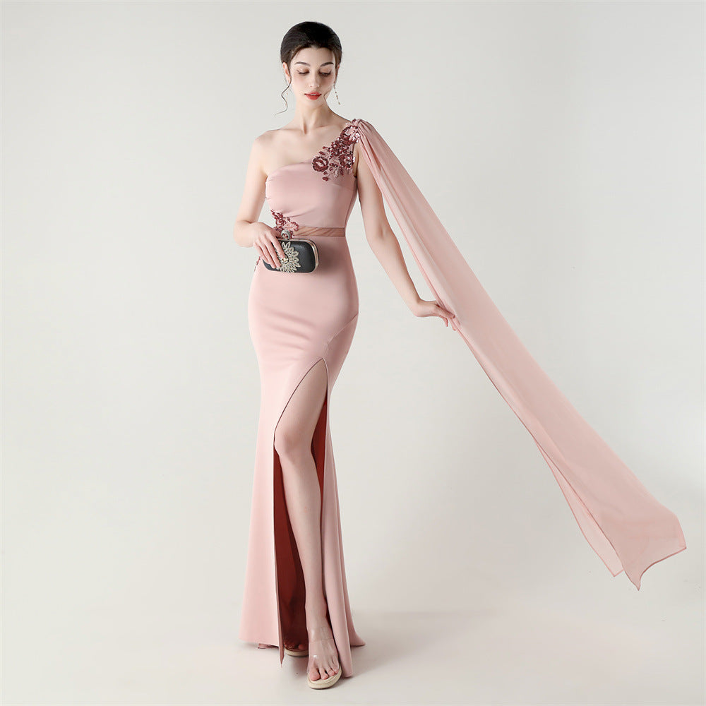 Women Tulle Shawl Beaded Tube Embroidery One Shoulder Evening Dress 8