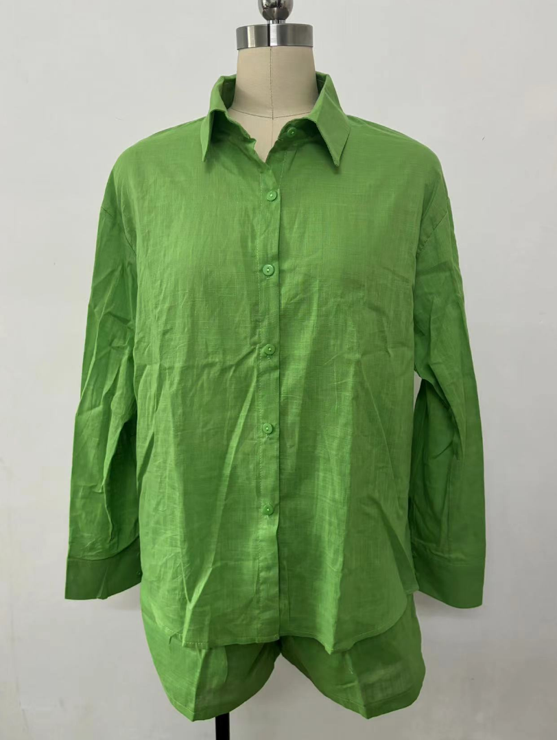 Summer Fashion Casual Summer Women's Long Sleeve Loose Shirt Shorts Two Piece Set 10