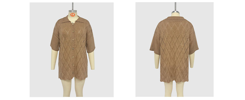 Women Spring Summer Turndown Collar Casual Short Sleeve Knitting Top 17