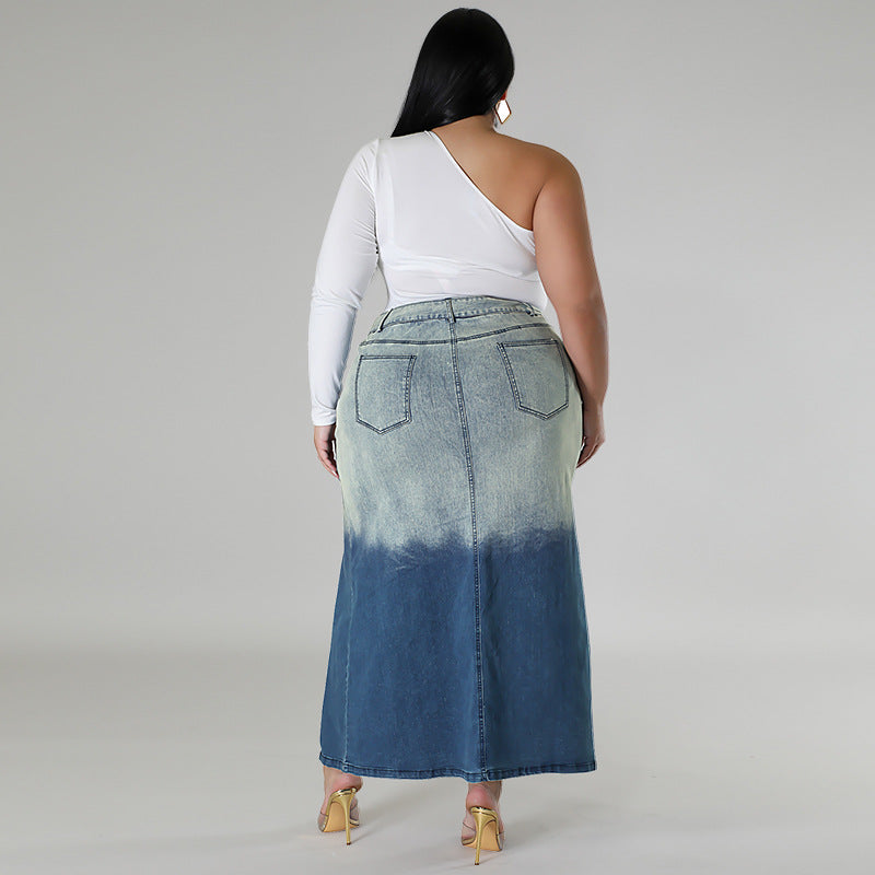 Plus Size Women Gradient Slit Denim Skirt 4