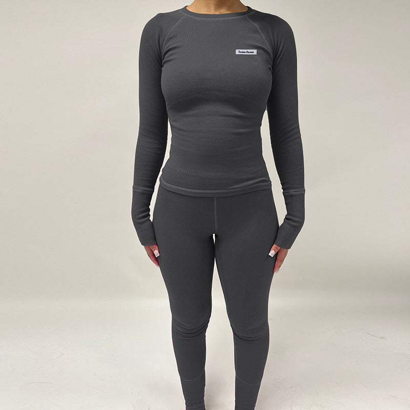 Women Winter Long Sleeve Top and Sports Tight Pants Two-piece Set 4