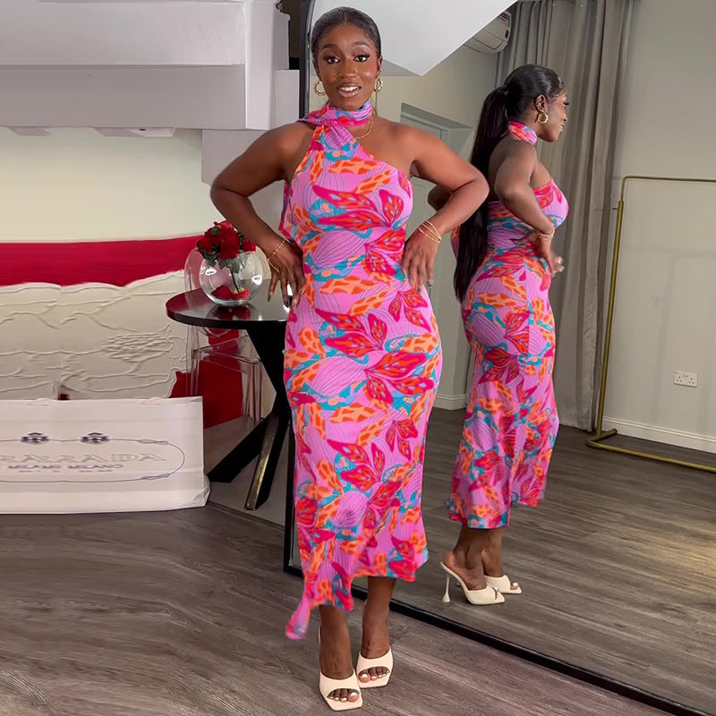 Women's Spring Chic Halter Neck Sleeveless Printed Slim Maxi Dress 7