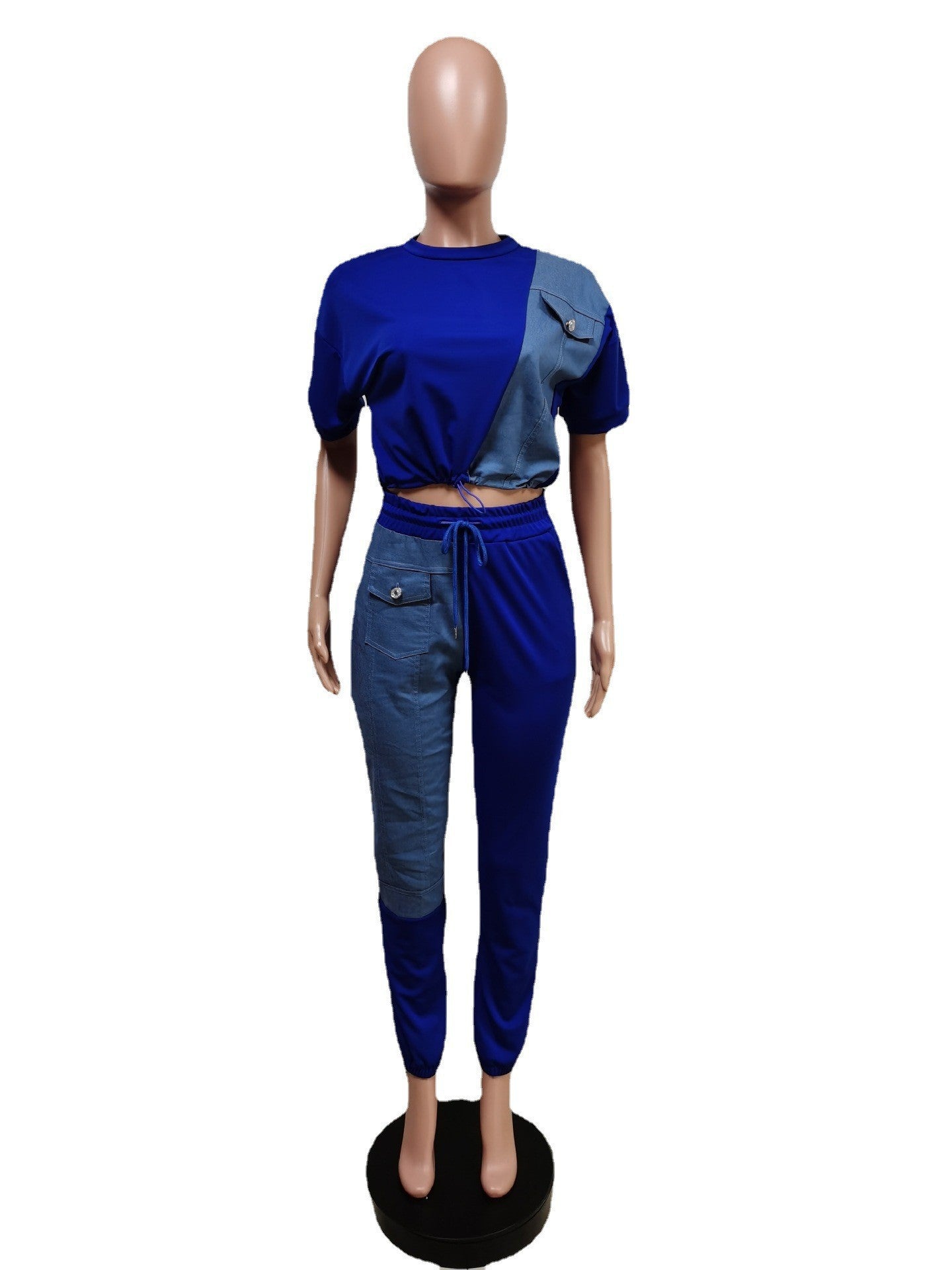 Women Fashion Solid Contrast With Denim Top And Pant Two Piece Set 22
