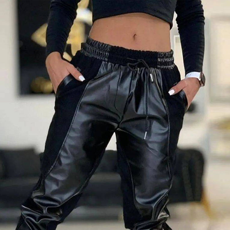 Women'S Pu Leather Patchwork Casual Pants 4