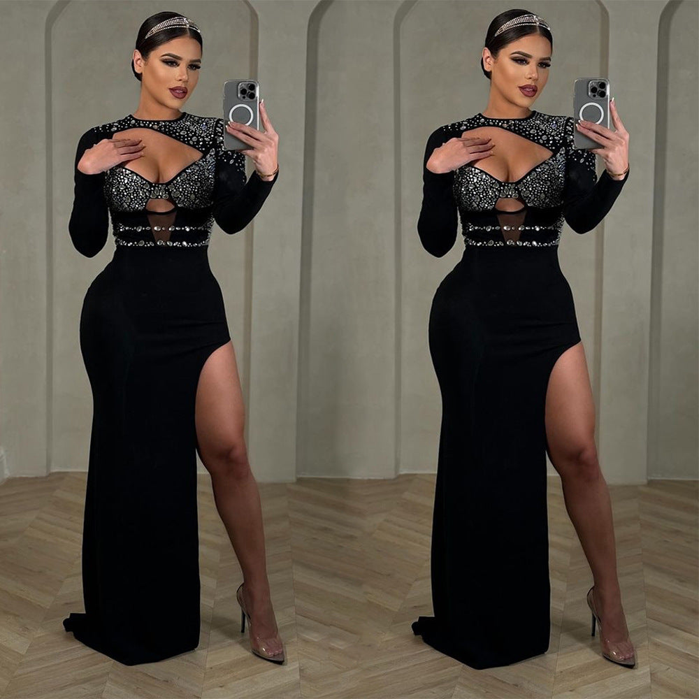 Women Round Neck Long Sleeve Beaded Hollow High Slit Dress 3
