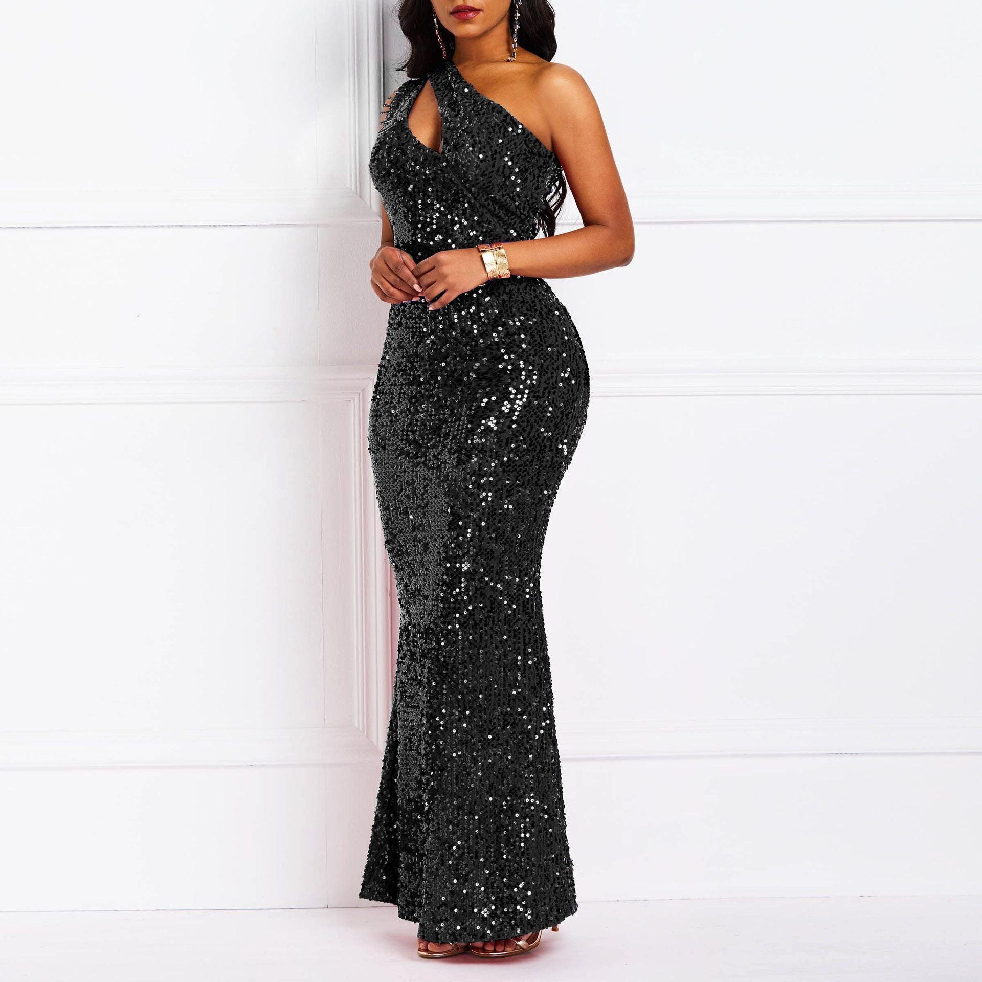 Slash Shoulder Chain Sexy Sequin Low-Back Slim Long Evening Dress