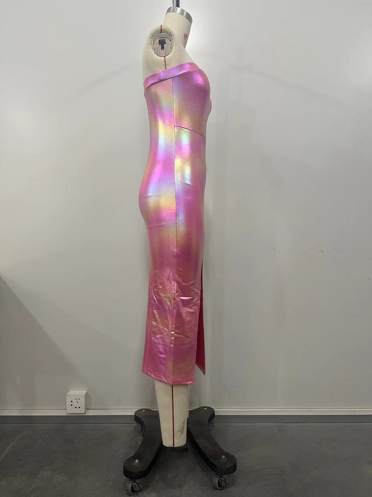 Women Clothing Features Shiny Gradient Pu-Leather High Slit Chest Wrap Dress 7