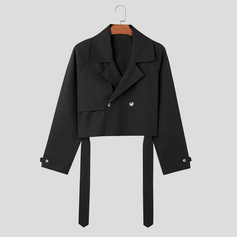 Fashionable Loose Jacket Belt For Men In Autumn Turndown Collar Cargo Short Windbreaker Jacket 8