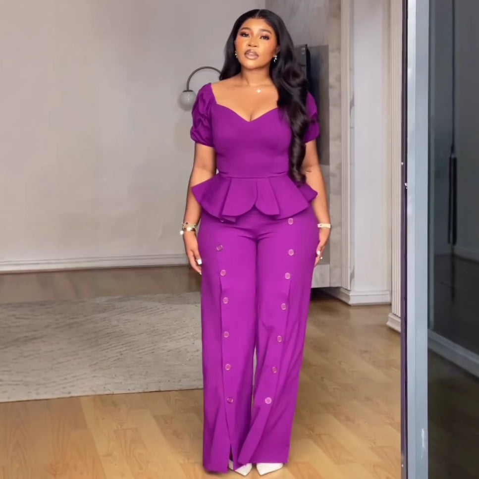 African Women Square Neck Ruffle Top And Solid Trousers Two-piece Set 5