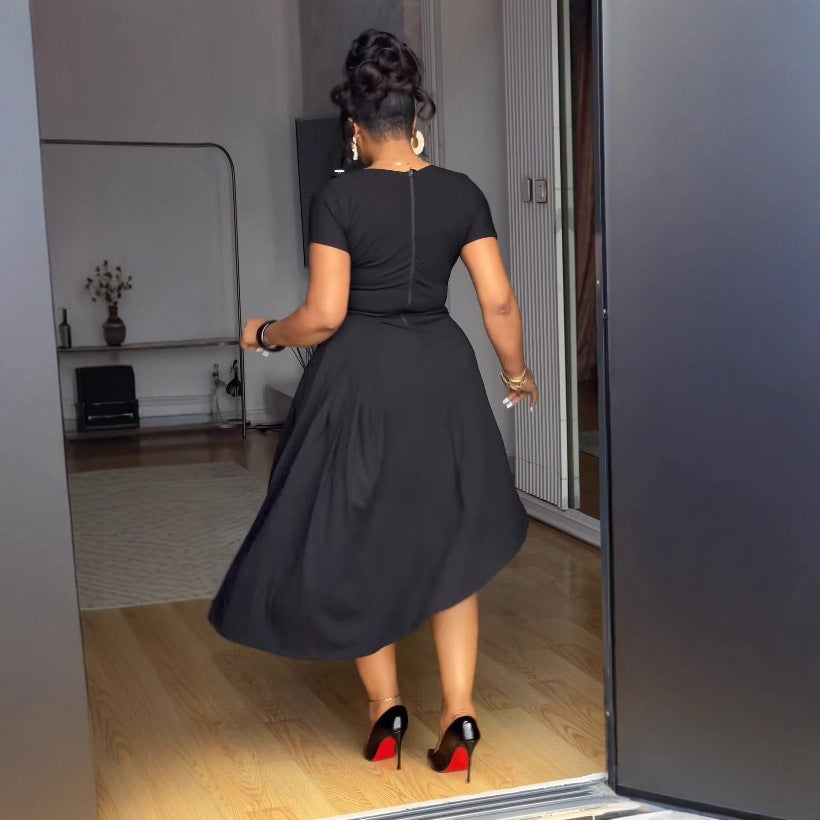 Women elegant Career Round Neck button decoration irregular slit pleated dress 4