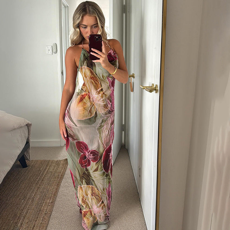 Women sexy Backless lace Halter Neck French slit dress 4