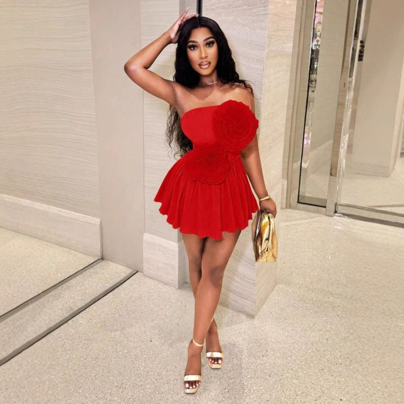 Summer Flower Embellished Strapless High-Waist A-Line Mini Dress 7