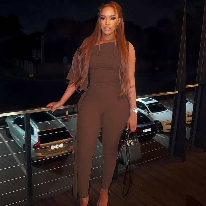 Fashion One-Shoulder Solid Pants Set Slash Shoulder Lace-Up Top Tight Fitting Pants Two-Piece Set 5