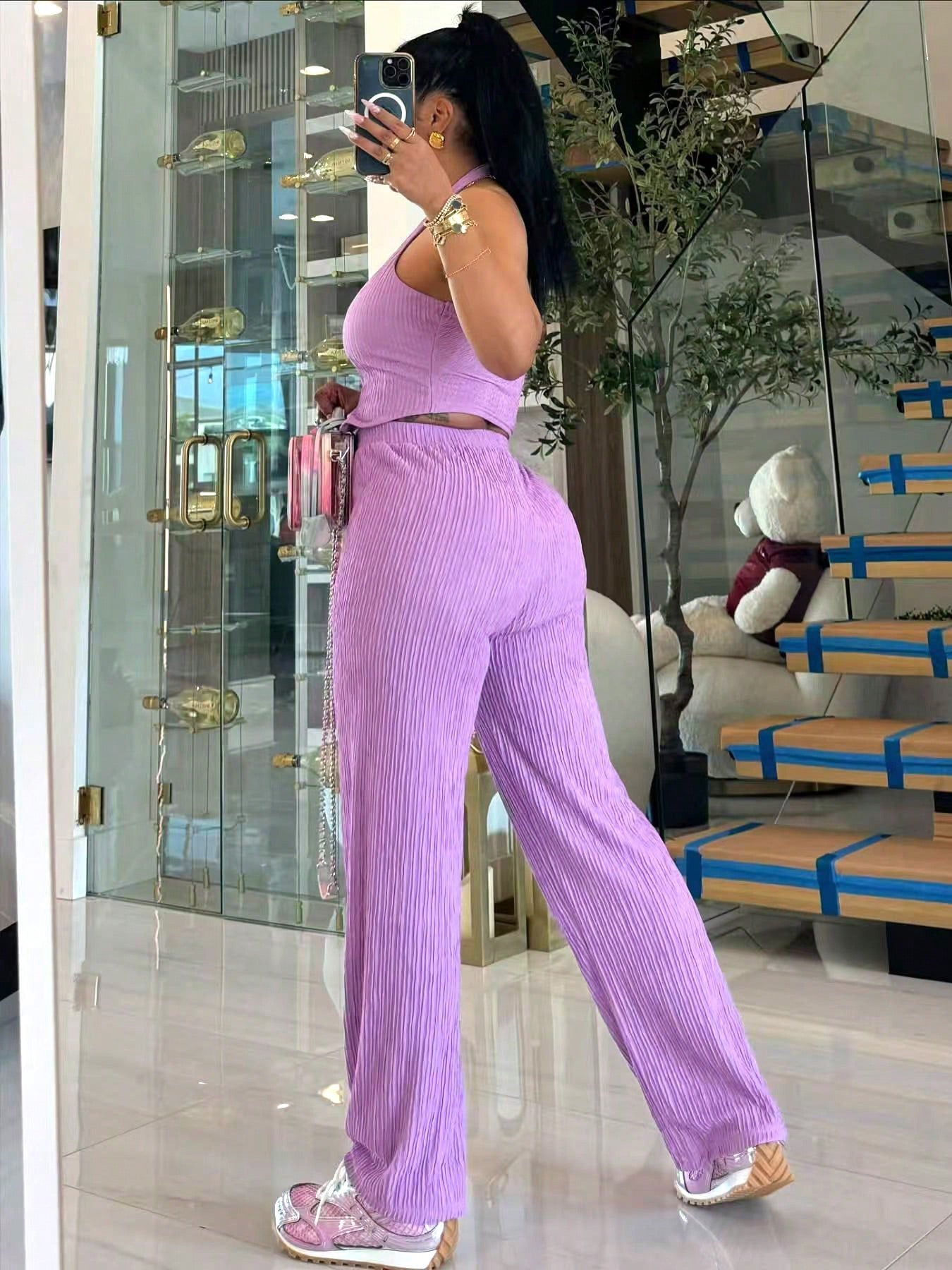 Women Halter Neck Crop Top and Wide Leg Pants Two-piece Set 6