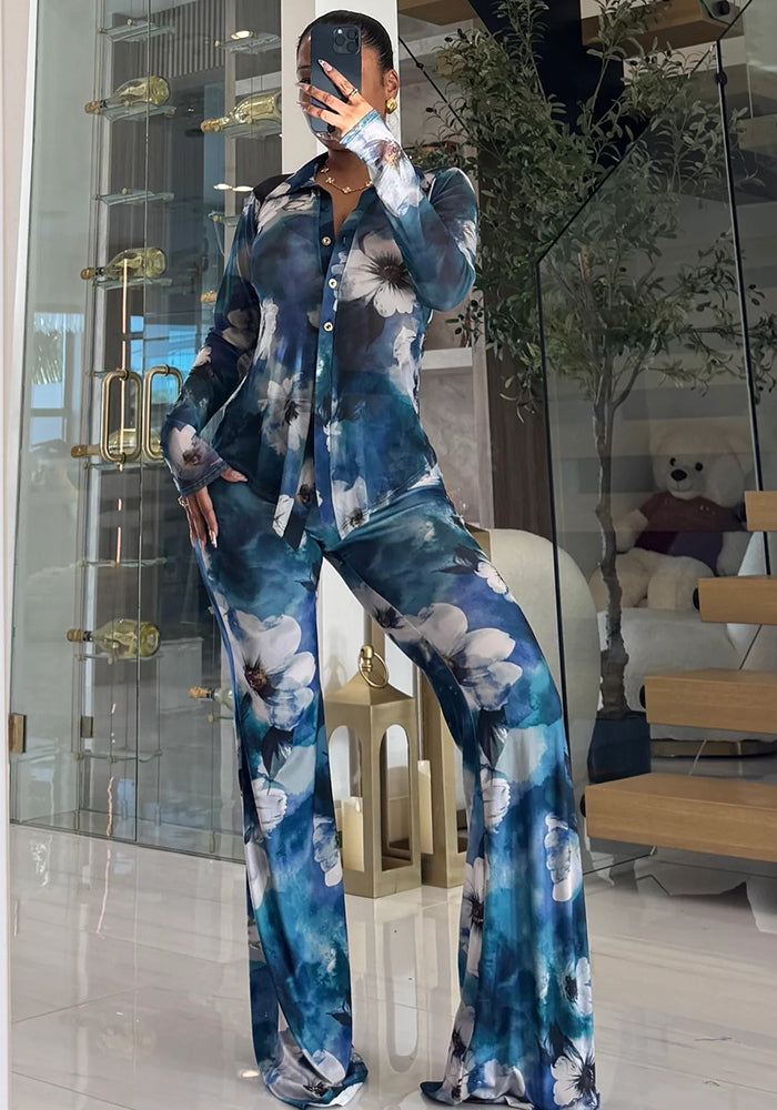 Women Printed Mesh Turndown Collar Long-Sleeved Button Top and Bell Bottom Pants Two-Piece Set