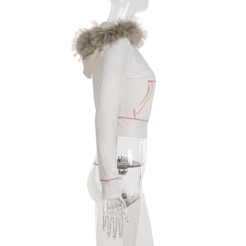 Women American-Style Fall/Winter Sport Velvet Letter Print Fur Collar Hooded Long-Sleeved Jacket and Pants Two-Piece Set 21