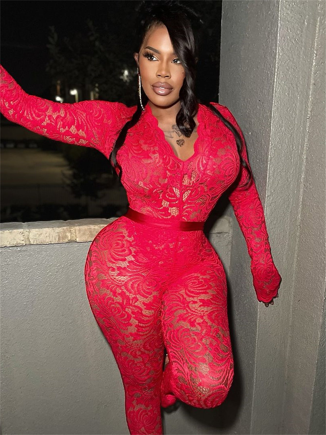 Women Solid Sexy Lace Hollow V Neck See-Through Long Sleeve Top Trousers Two Piece Set