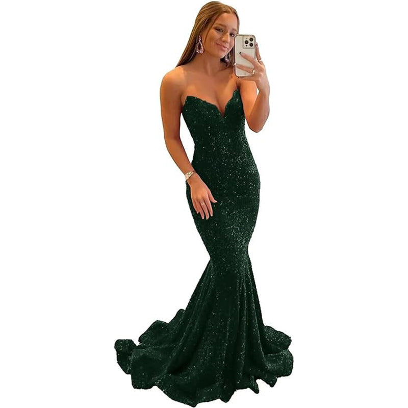 Women Sequined Ball Party Fishtail Shining V Neck Evening Dress（Processing time need 3-6 days）