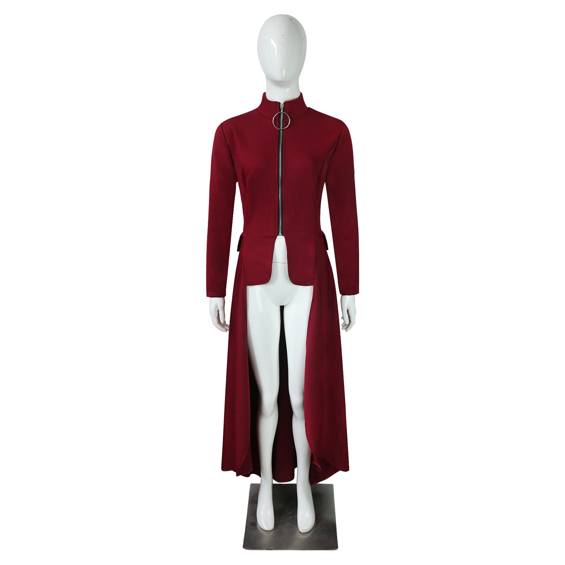 Spring Long-Sleeved High-Neck Slim Zipper Irregular Long Dress 17