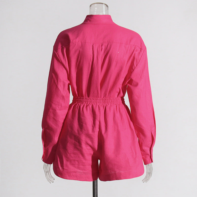 Women Turndown Collar long sleeve solid shirt Top and Casual shorts two-piece set 15