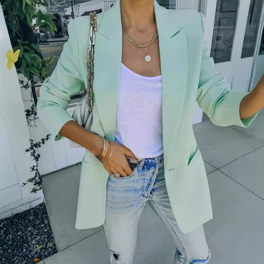 Autumn Winter Women's Fashion Solid Color Turndown Collar Long-Sleeved Blazer Coat 5