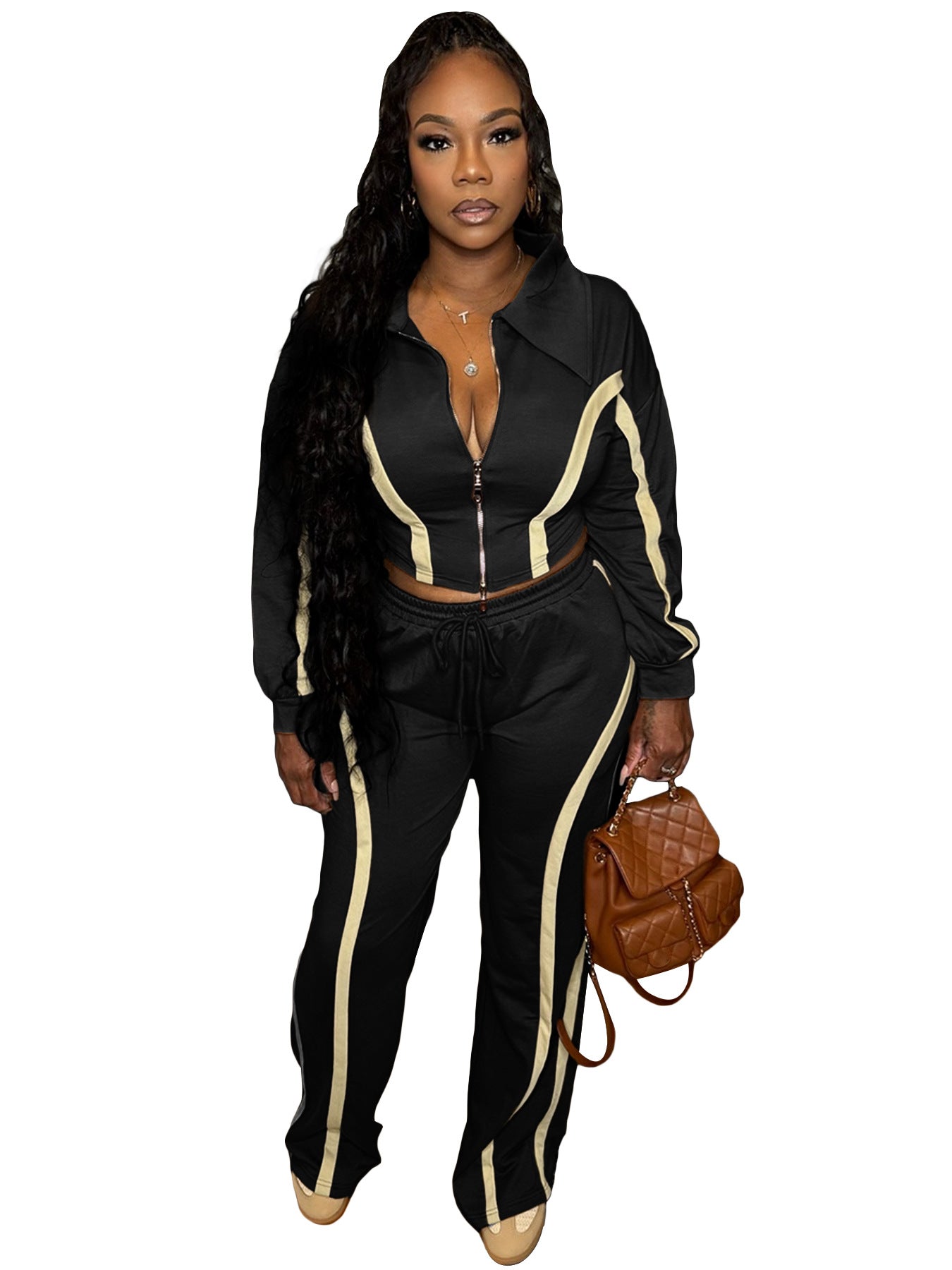 Fashion Women's Striped Patchwork Color Block Zipper Turndown Collar Top Wide Leg Pants Two-Piece Set 5