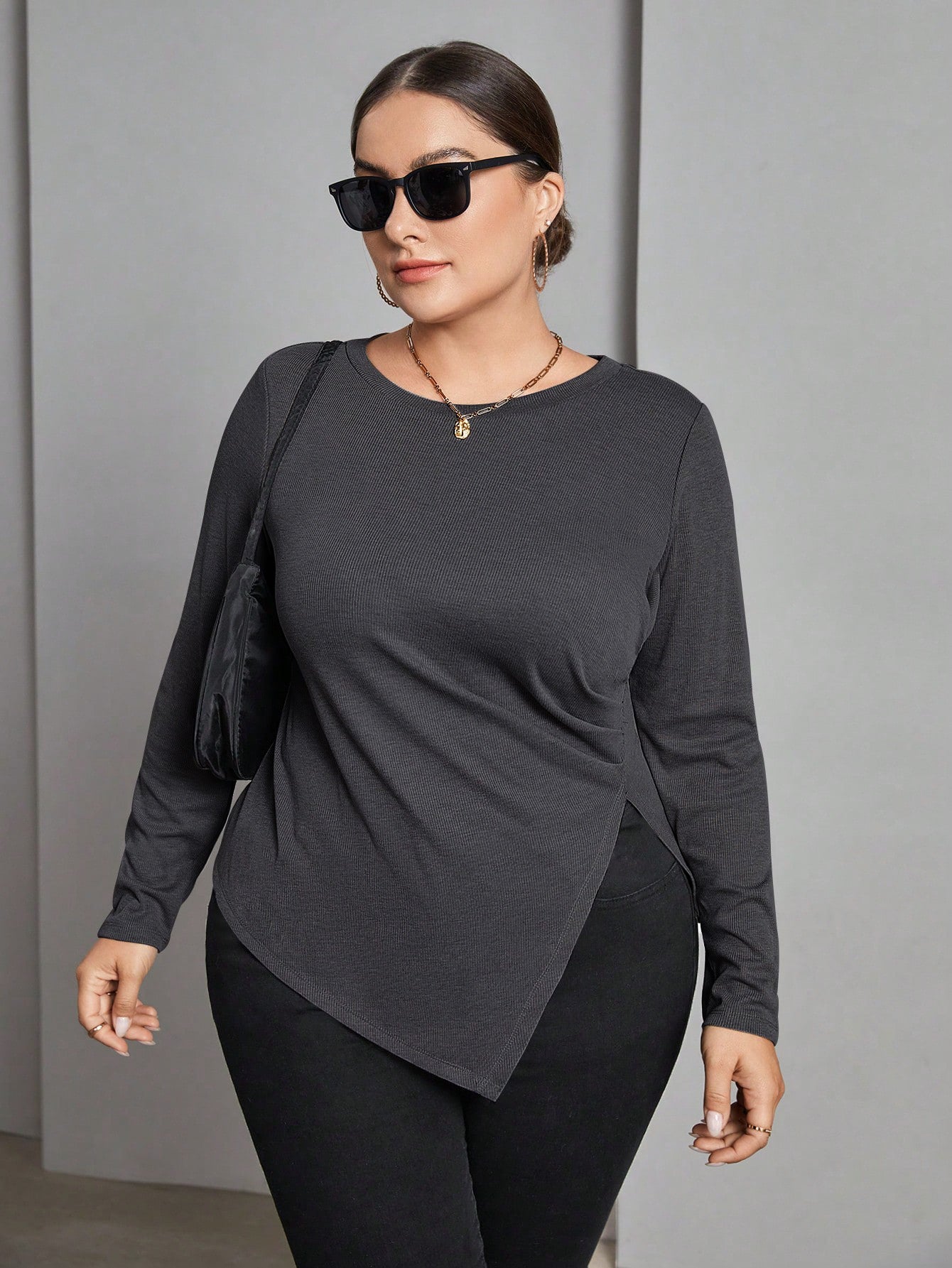 Plus Size Women's Autumn And Winter Long Sleeve T-Shirt Irregular Slit Versatile Basic Slim Top 3