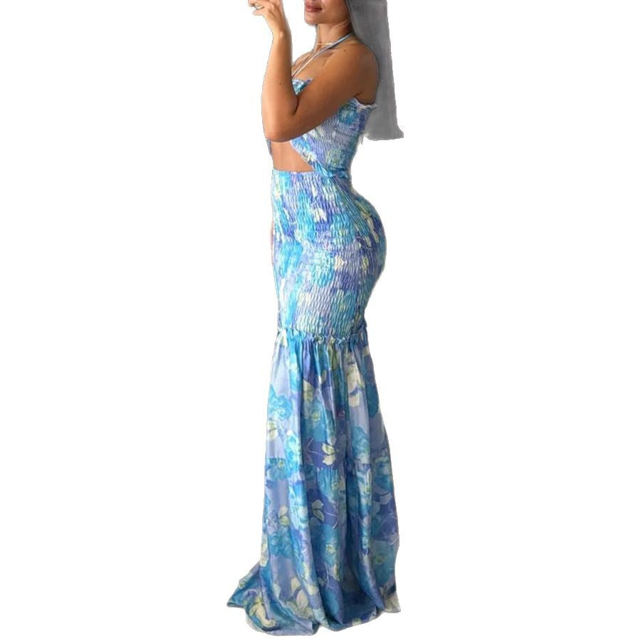 Spring/Summer Halter Neck Print Pleated Casual Loose Holiday Dress for Women 5