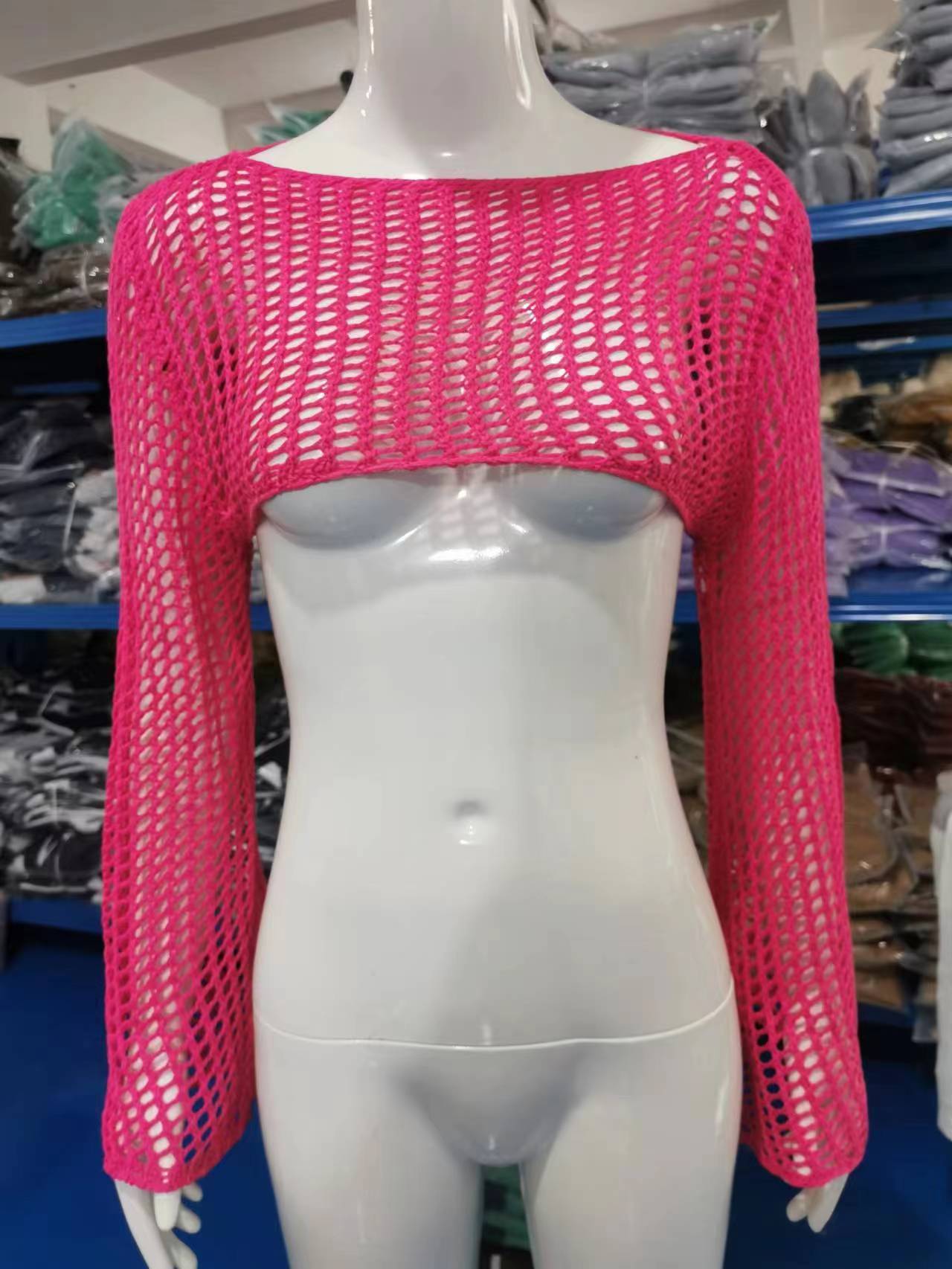 Sexy Hollow Knitting Shirt Solid Color Round Neck Long-Sleeved Cape Blouse 39