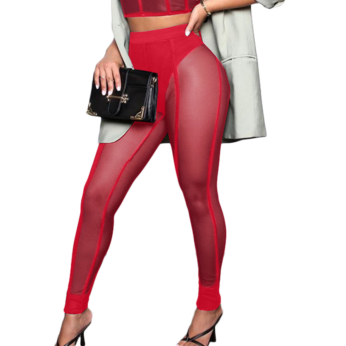Women's Fashion Sexy Mesh Hollow See Through Street Shoot High Waist Bodycon Tight Casual Pants 5