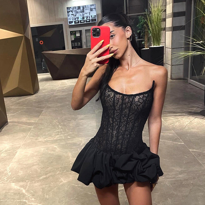 Women Fishbone Slim Waist Lace Strapless Dress 4