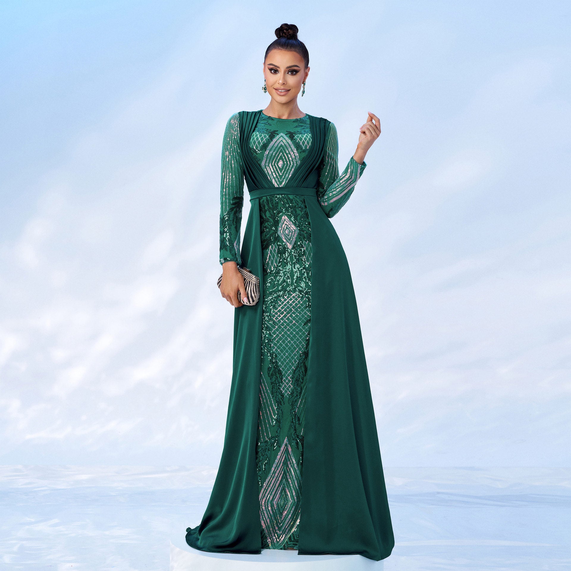 Women Long Sleeve Round Neck Sequined Formal Party Maxi Cape Fishtail Evening Dress 6