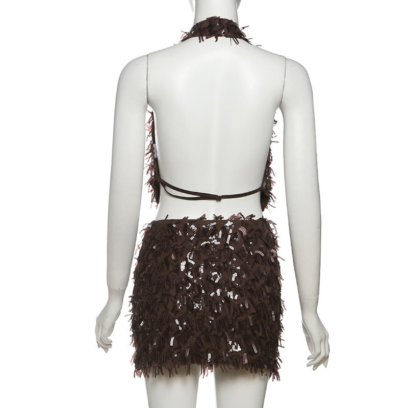 Women Halter Neck V Neck Top and Skirt Two-piece Set 9