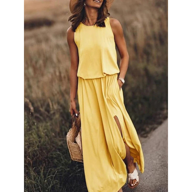 Summer Women's Trendy Retro Round Neck Sleeveless Slit Solid Color Casual Dress 4