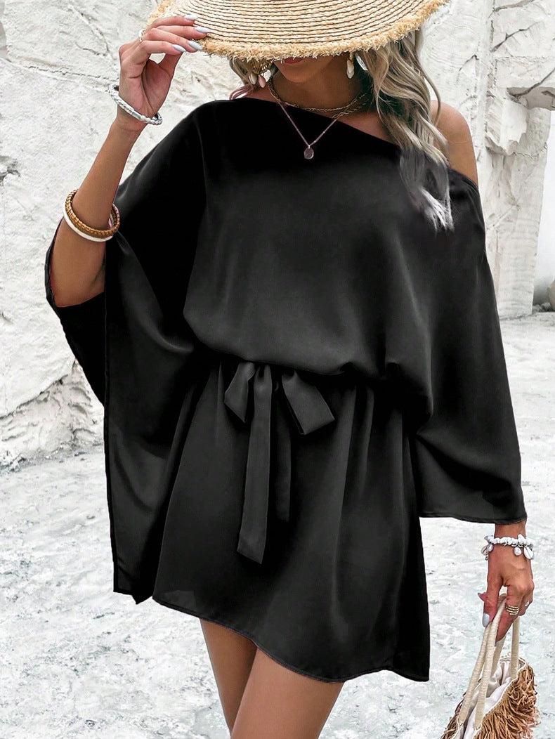 Women Satin Off-shoulder Asymmetrical Dress 17