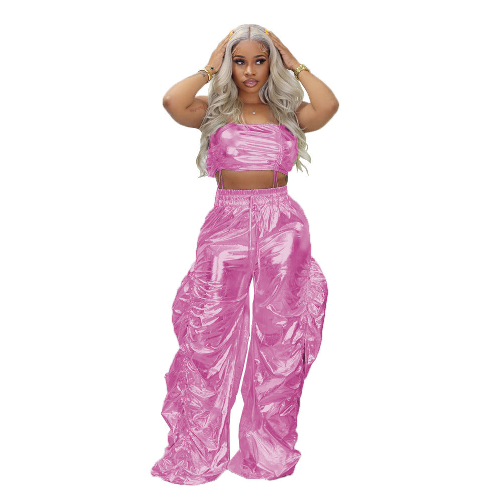 Women Fashion Shiny Street Hip Hop Crop Top and Pant Two-Piece Set 5