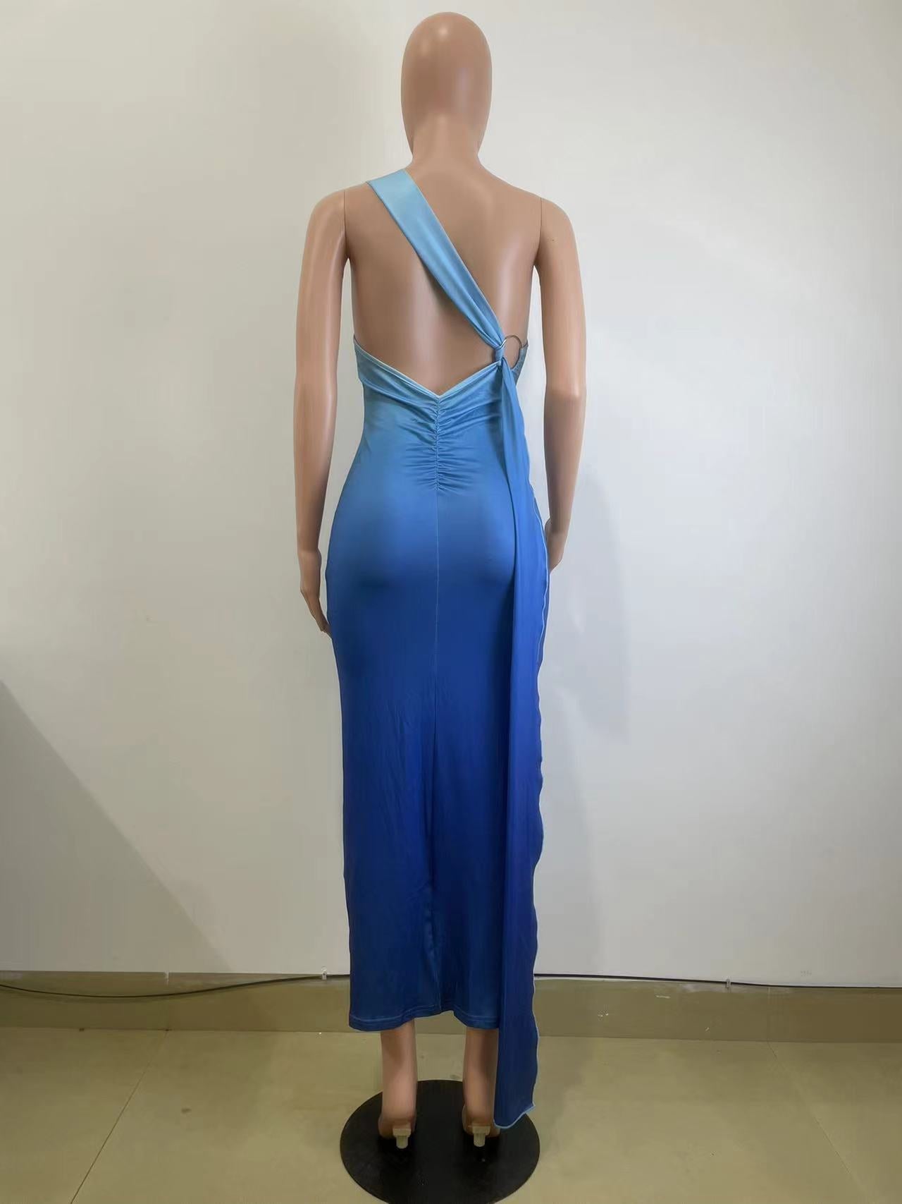 Women's Summer Sleeveless Slash Shoulder Gradient Color Sexy Slim Bodycon Long Dress 12