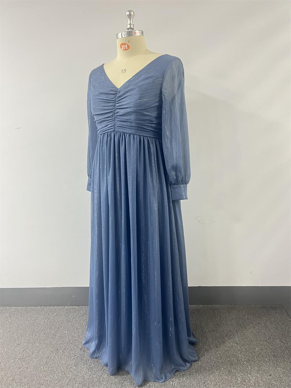 Plus Size Women Long Sleeve Double V-Neck Pleated Evening Dress 6