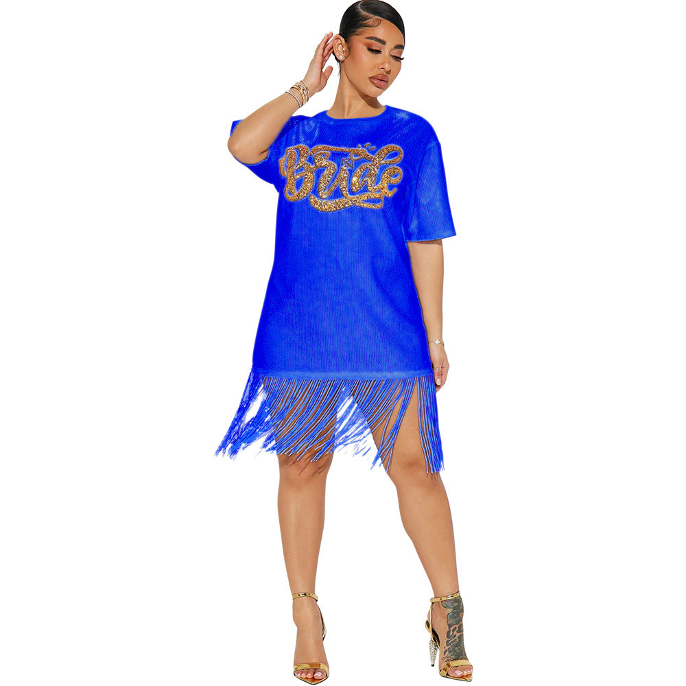 Women Fashion Round Neck Short Sleeve Sequin Tassel Casual Dress 3